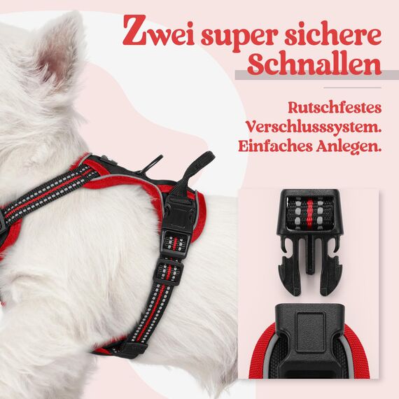 rabbitgoo Hundegeschirr Kleine Hunde, Anti Zug Geschirr mit Kontrolle, No Pull Verstellbar Hundegeschirr Grosse Hunde, Atmungsaktiv Reflexstreifen Brustgeschirr Sichere Führung Schwarz+Rot XS