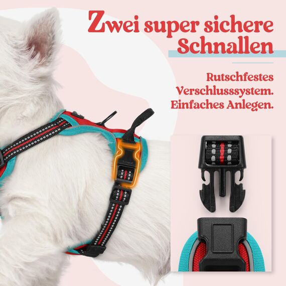 rabbitgoo Hundegeschirr Kleine Hunde, Anti Zug Geschirr mit Kontrolle, No Pull Verstellbar Hundegeschirr Grosse Hunde, Atmungsaktiv Reflexstreifen Brustgeschirr Sichere Führung Rot+Blaugrün XS
