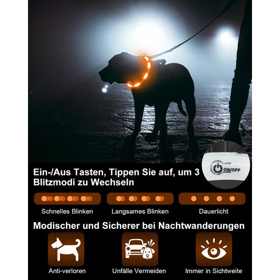 Joytale Leuchthalsband Hund USB Aufladbar Hundehalsband Leuchtend für Große Mittel Kleine Hunde und Welpe, Led Halsband mit 3 Modi für Sicherheit, Orange