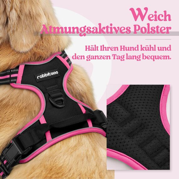rabbitgoo Hundegeschirr Mittelgroße Hunde, Anti Zug Geschirr mit Kontrolle, No Pull Verstellbar Hundegeschirr Grosse Hunde, Atmungsaktiv Reflexstreifen Brustgeschirr Sichere，Schwarz & Rosarot，M