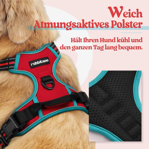 rabbitgoo Hundegeschirr Mittelgroße Hunde, Anti Zug Geschirr mit Kontrolle, No Pull Verstellbar Hundegeschirr Grosse Hunde, Atmungsaktiv Reflexstreifen Brustgeschirr Sichere Führung Rot+Blaugrün M