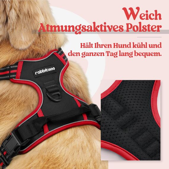 rabbitgoo Hundegeschirr Mittelgroße Hunde, Anti Zug Geschirr mit Kontrolle, No Pull Verstellbar Hundegeschirr Grosse Hunde, Atmungsaktiv Reflexstreifen Brustgeschirr Sichere Führung Schwarz+Rot S