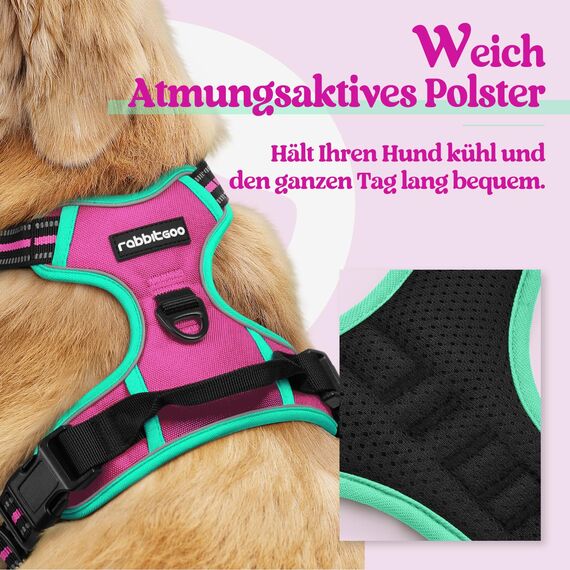 rabbitgoo Hundegeschirr Grosse Hunde, Anti Zug Geschirr mit Kontrolle, No Pull Verstellbar Hundegeschirr Mittelgroße Hunde, Atmungsaktiv Reflexstreifen Brustgeschirr Sichere，Rosarot & Mint Grün，XL