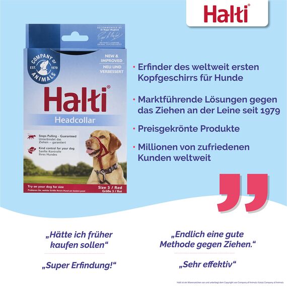 HALTI Kopfgeschirr - Verhindert, dass Ihr Hund an der Leine zieht, Einfache Anpassung, Leicht, mit gepolstertem Nasenriemen, Anti-Zug-Halsband für mittelgroße Hunde (Größe 3, Rot)