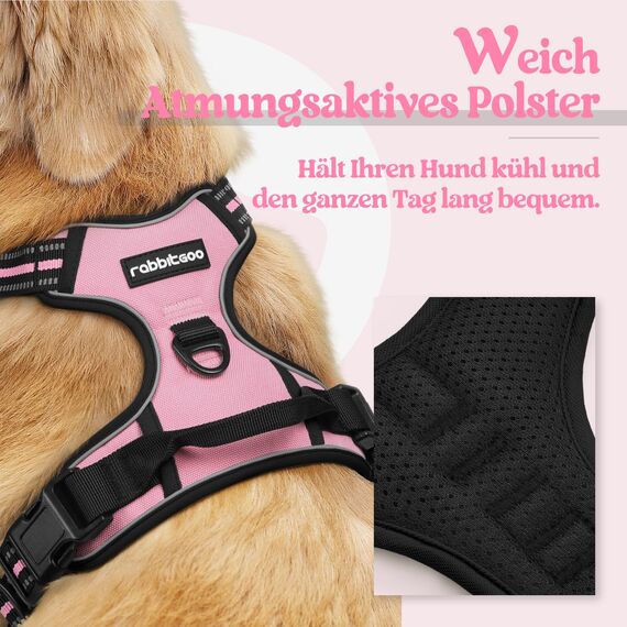 rabbitgoo Hundegeschirr Mittelgroße Hunde, Anti Zug Geschirr mit Kontrolle, No Pull Verstellbar Hundegeschirr Grosse Hunde, Atmungsaktiv Reflexstreifen Brustgeschirr Sichere Führung Rosa M