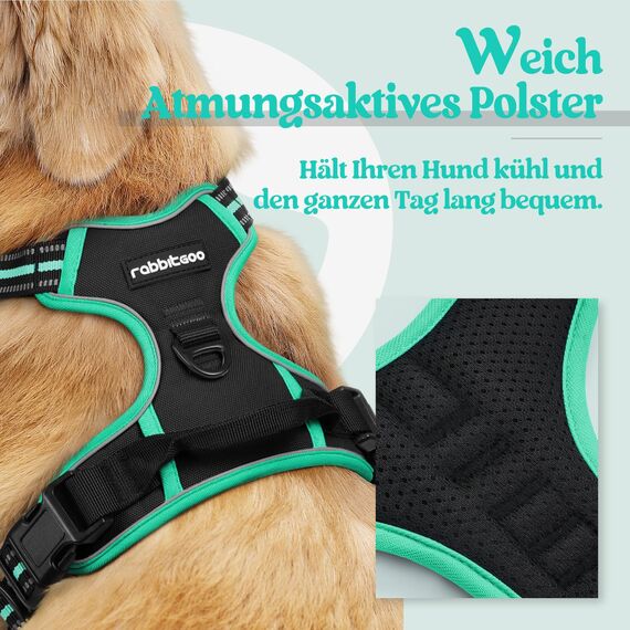 rabbitgoo Hundegeschirr Grosse Hunde, Anti Zug Geschirr mit Kontrolle, No Pull Verstellbar Hundegeschirr Mittelgroße Hunde, Atmungsaktiv Reflexstreifen Brustgeschirr Sichere Führung, Schwarz & Grün,XL