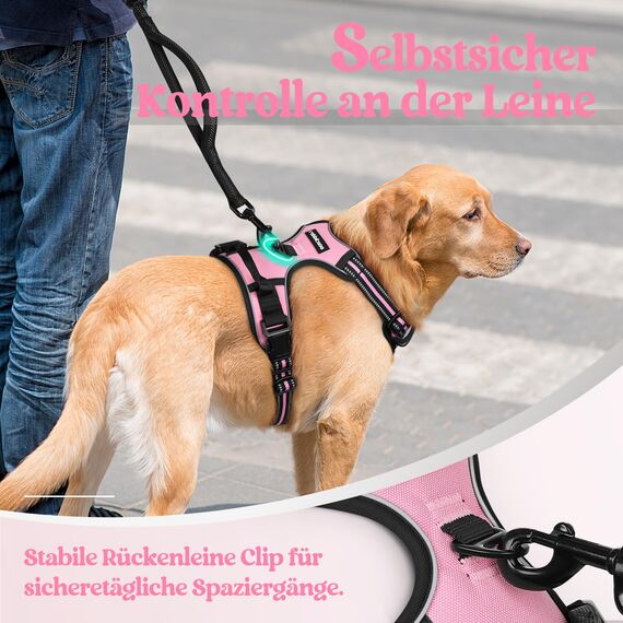 rabbitgoo Hundegeschirr Grosse Hunde, Anti Zug Geschirr mit Kontrolle, No Pull Verstellbar Hundegeschirr Mittelgroße Hunde, Atmungsaktiv Reflexstreifen Brustgeschirr Sichere Führung, Rosa, L