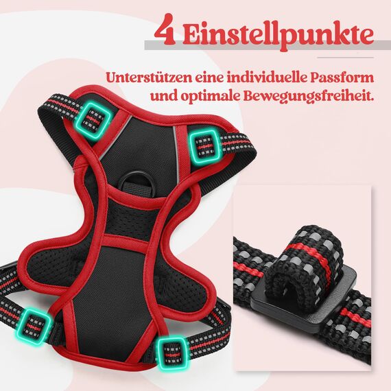 rabbitgoo Hundegeschirr Kleine Hunde, Anti Zug Geschirr mit Kontrolle, No Pull Verstellbar Hundegeschirr Grosse Hunde, Atmungsaktiv Reflexstreifen Brustgeschirr Sichere Führung Schwarz+Rot XS