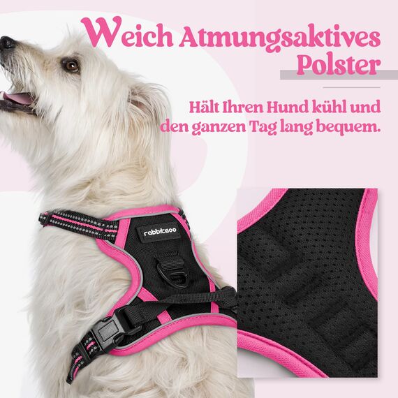rabbitgoo Hundegeschirr Mittelgroße Hunde, Anti Zug Geschirr mit Kontrolle, No Pull Verstellbar Hundegeschirr Grosse Hunde, Atmungsaktiv Reflexstreifen Brustgeschirr Sichere，Schwarz & Rosarot，XS