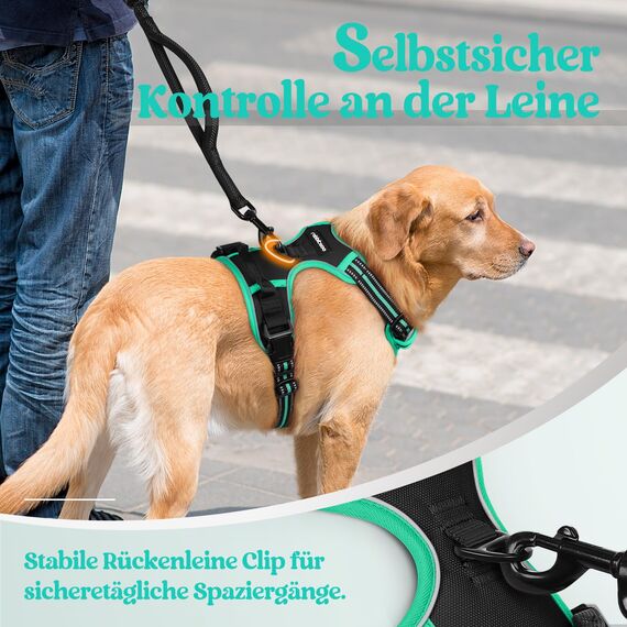 rabbitgoo Hundegeschirr Grosse Hunde, Anti Zug Geschirr mit Kontrolle, No Pull Verstellbar Hundegeschirr Mittelgroße Hunde, Atmungsaktiv Reflexstreifen Brustgeschirr Sichere Führung, Schwarz & Grün, L