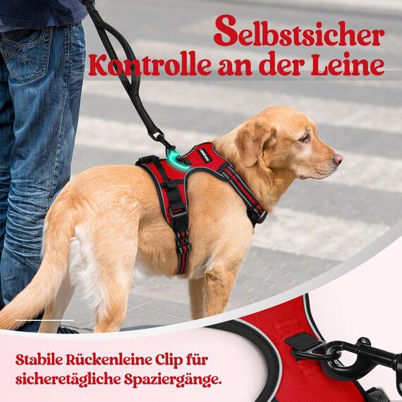 rabbitgoo Hundegeschirr Grosse Hunde, Anti Zug Geschirr mit Kontrolle, No Pull Verstellbar Hundegeschirr Mittelgroße Hunde, Atmungsaktiv Reflexstreifen Brustgeschirr Sichere Führung, Rot, L