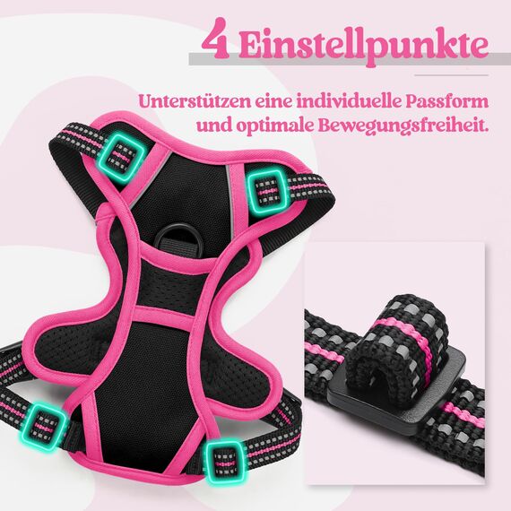rabbitgoo Hundegeschirr Mittelgroße Hunde, Anti Zug Geschirr mit Kontrolle, No Pull Verstellbar Hundegeschirr Grosse Hunde, Atmungsaktiv Reflexstreifen Brustgeschirr Sichere，Schwarz & Rosarot，XS
