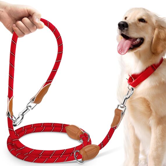 PETCOOZ Hundeleine 3M Verstellbare Schleppleine für Mittel- & Großhunde (20-60kg), Weicher Griff, 2 Karabiner & Sicherheitsringe, Vielseitige Doppelleine aus stabilem Nylon, Tiefrot