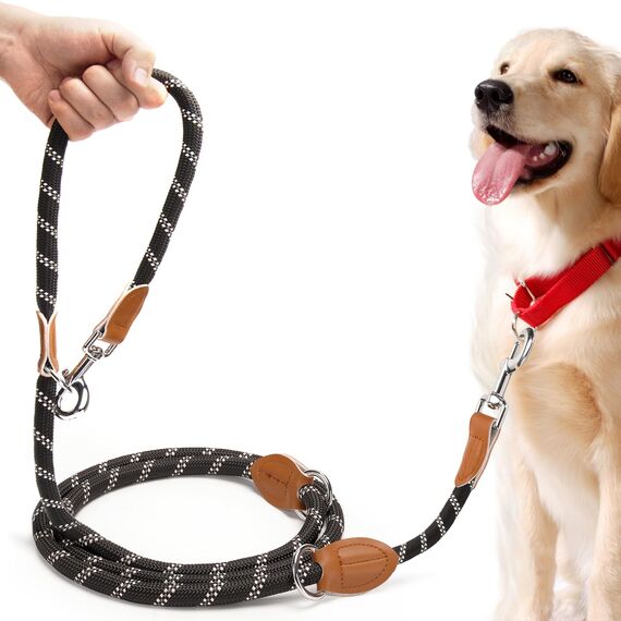 PETCOOZ Hundeleine 3M Verstellbare Schleppleine für Mittel- & Großhunde (20-60kg), Weicher Griff, 2 Karabiner & Sicherheitsringe, Vielseitige Doppelleine aus stabilem Nylon, Schwarz und Weiß