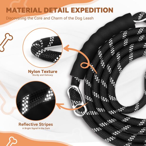 PETCOOZ Hundeleine 3M Verstellbare Schleppleine für Mittel- & Großhunde (20-60kg), Weicher Griff, 2 Karabiner & Sicherheitsringe, Vielseitige Doppelleine aus stabilem Nylon, Weiß und Schwarz