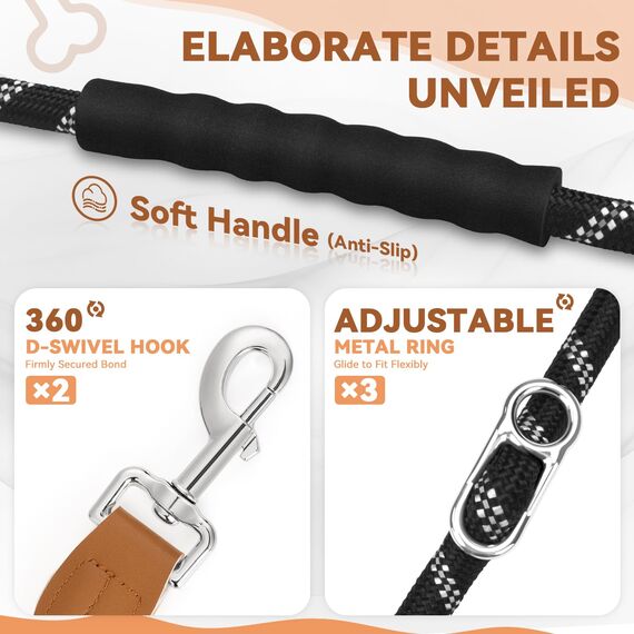 PETCOOZ Hundeleine 3M Verstellbare Schleppleine für Mittel- & Großhunde (20-60kg), Weicher Griff, 2 Karabiner & Sicherheitsringe, Vielseitige Doppelleine aus stabilem Nylon, Weiß und Schwarz