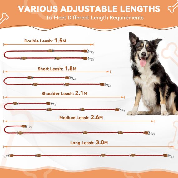 PETCOOZ Hundeleine 3M Verstellbare Schleppleine für Mittel- & Großhunde (20-60kg), Weicher Griff, 2 Karabiner & Sicherheitsringe, Vielseitige Doppelleine aus stabilem Nylon, Tiefrot