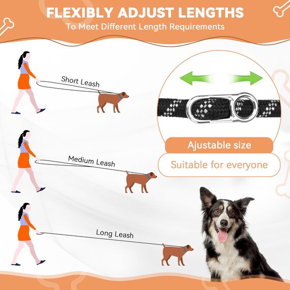 PETCOOZ Hundeleine 3M Verstellbare Schleppleine für Mittel- & Großhunde (20-60kg), Weicher Griff, 2 Karabiner & Sicherheitsringe, Vielseitige Doppelleine aus stabilem Nylon, Weiß und Schwarz