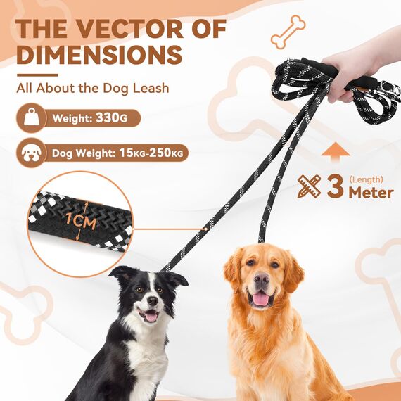 PETCOOZ Hundeleine 3M Verstellbare Schleppleine für Mittel- & Großhunde (20-60kg), Weicher Griff, 2 Karabiner & Sicherheitsringe, Vielseitige Doppelleine aus stabilem Nylon, Weiß und Schwarz
