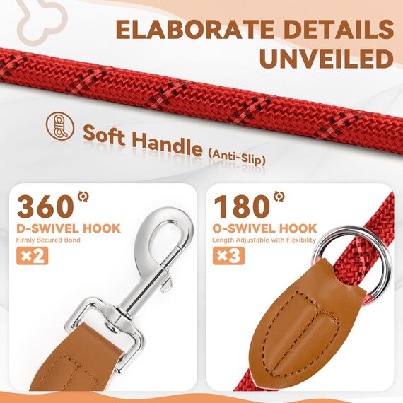 PETCOOZ Hundeleine 3M Verstellbare Schleppleine für Mittel- & Großhunde (20-60kg), Weicher Griff, 2 Karabiner & Sicherheitsringe, Vielseitige Doppelleine aus stabilem Nylon, Tiefrot