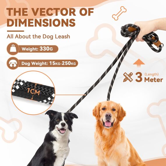 PETCOOZ Hundeleine 3M Verstellbare Schleppleine für Mittel- & Großhunde (20-60kg), Weicher Griff, 2 Karabiner & Sicherheitsringe, Vielseitige Doppelleine aus stabilem Nylon, Schwarz und Weiß