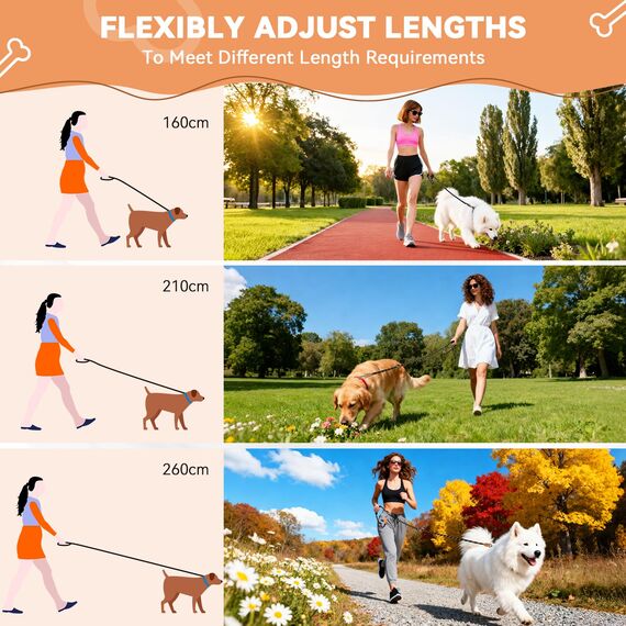 PETCOOZ Hundeleine 3M Verstellbare Schleppleine für Mittel- & Großhunde (20-60kg), Weicher Griff, 2 Karabiner & Sicherheitsringe, Vielseitige Doppelleine aus stabilem Nylon, Weiß und Schwarz