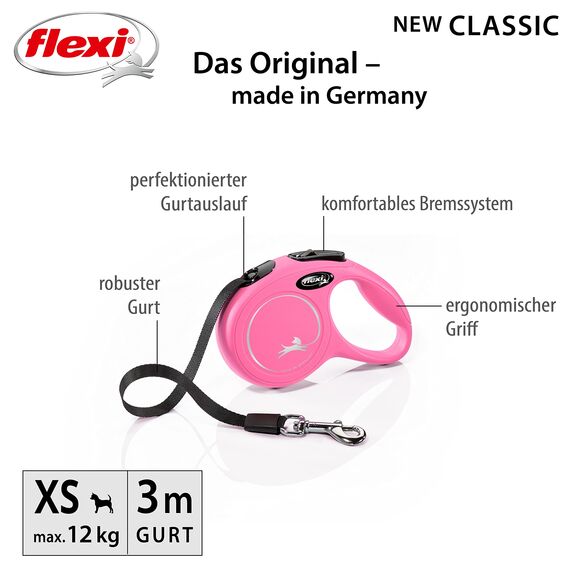 flexi® Classic XS | 3m Gurt Roll-Leine für kleine Hunde bis 12 kg | Miniformat mit 3-Finger Griff | Pink | ausziehbare Hundeleine | Gewicht 108.6 gr | Maße 8.2 x 13 cm