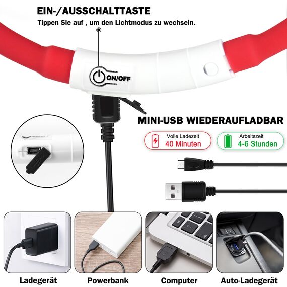 Nepfaivy Leuchthalsband Hund USB Aufladbar - Wasserdichtes Hundehalsband Leuchtend mit Verstellbarer Länge, LED Halsband für Hunde mit 3 Beleuchtungsmodi für Sicherheit, Rot