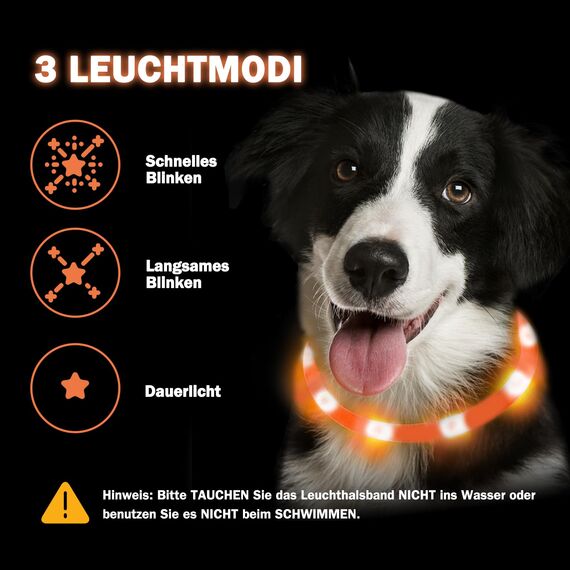 Nepfaivy Leuchthalsband Hund USB Aufladbar - Wasserdichtes Hundehalsband Leuchtend mit Verstellbarer Länge, LED Halsband für Hunde mit 3 Beleuchtungsmodi für Sicherheit, Orange