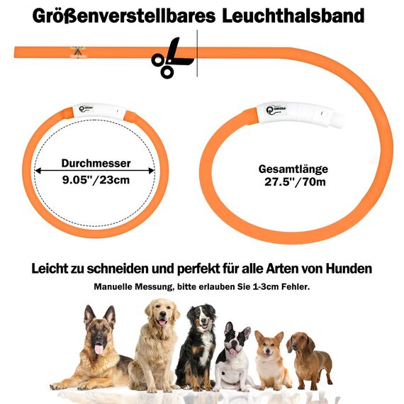Nepfaivy Leuchthalsband Hund USB Aufladbar - Wasserdichtes Hundehalsband Leuchtend mit Verstellbarer Länge, LED Halsband für Hunde mit 3 Beleuchtungsmodi für Sicherheit, Orange
