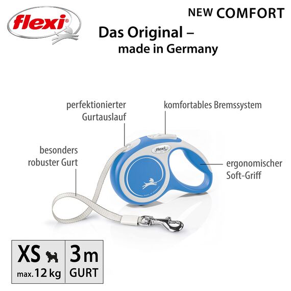 flexi® Comfort XS Gurt 3 m blau, Roll-Leine für kleine Hunde bis 12 kg. Nur 126 gr. leichte Taschenleine im Miniformat 8,2 x 13 cm, Griffgröße für 3-Finger