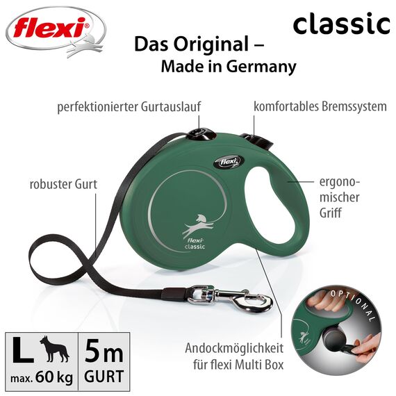flexi® Classic L | 5m Gurt Roll-Leine für Hunde bis 50 kg | Olivgrün | ausziehbare Hundeleine | Gewicht 347.2 gr | Maße 12.9 x 18.8 cm