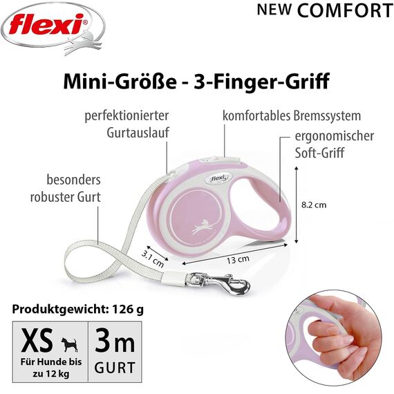 flexi® Comfort XS Gurt 3 m rosa, Roll-Leine für kleine Hunde bis 12 kg. Nur 126 gr. leichte Taschenleine im Miniformat 8,2 x 13 cm, Griffgröße für 3-Finger