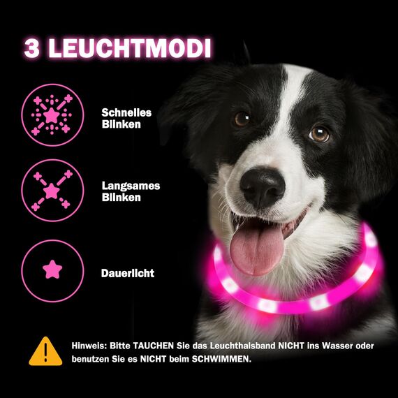 Nepfaivy Leuchthalsband Hund USB Aufladbar - Wasserdichtes Hundehalsband Leuchtend mit Verstellbarer Länge, LED Halsband für Hunde mit 3 Beleuchtungsmodi für Sicherheit, Rosa