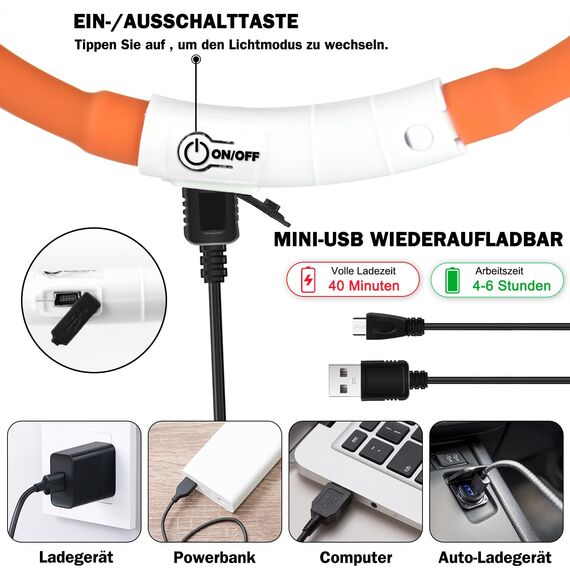 Nepfaivy Leuchthalsband Hund USB Aufladbar - Wasserdichtes Hundehalsband Leuchtend mit Verstellbarer Länge, LED Halsband für Hunde mit 3 Beleuchtungsmodi für Sicherheit, Orange