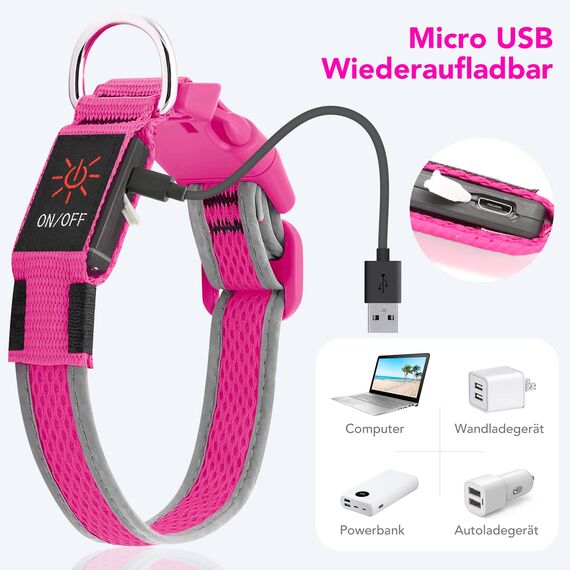 Leuchthalsband Hund, Colaseeme LED Hunde Leuchthalsband, Wasserdicht Hundehalsband Leuchtend, HundeleuchthalsbäNder Aufladbar für Pet Night Walking Safety, rosa M