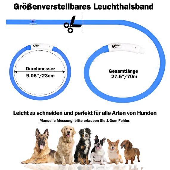 Nepfaivy Leuchthalsband Hund USB Aufladbar - Wasserdichtes Hundehalsband Leuchtend mit Verstellbarer Länge, LED Halsband für Hunde mit 3 Beleuchtungsmodi für Sicherheit, Blau
