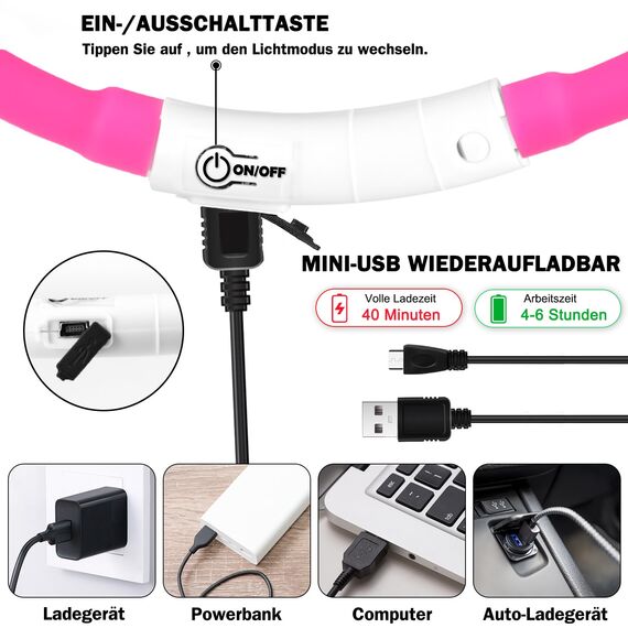 Nepfaivy Leuchthalsband Hund USB Aufladbar - Wasserdichtes Hundehalsband Leuchtend mit Verstellbarer Länge, LED Halsband für Hunde mit 3 Beleuchtungsmodi für Sicherheit, Rosa