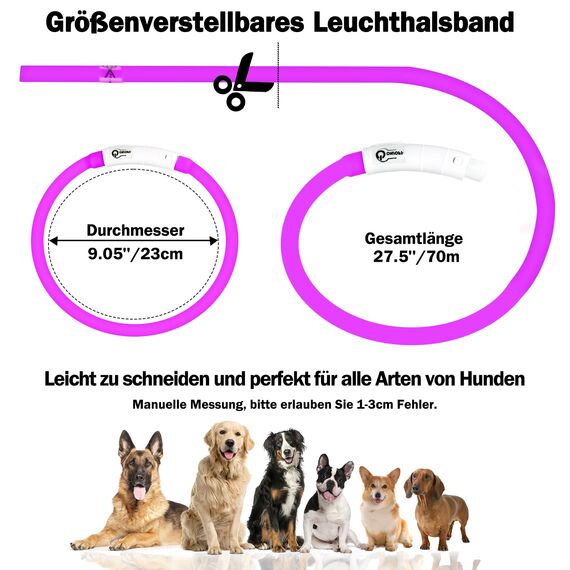 Nepfaivy Leuchthalsband Hund USB Aufladbar - Wasserdichtes Hundehalsband Leuchtend mit Verstellbarer Länge, LED Halsband für Hunde mit 3 Beleuchtungsmodi für Sicherheit, Lila