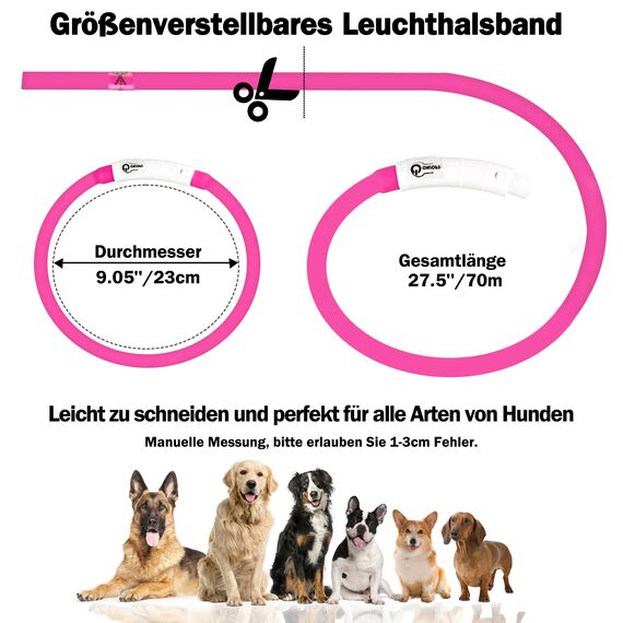 Nepfaivy Leuchthalsband Hund USB Aufladbar - Wasserdichtes Hundehalsband Leuchtend mit Verstellbarer Länge, LED Halsband für Hunde mit 3 Beleuchtungsmodi für Sicherheit, Rosa