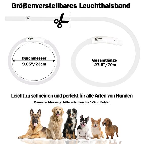Nepfaivy Leuchthalsband Hund USB Aufladbar - Wasserdichtes Hundehalsband Leuchtend mit Verstellbarer Länge, LED Halsband für Hunde mit 3 Beleuchtungsmodi für Sicherheit, Mehrfarbig