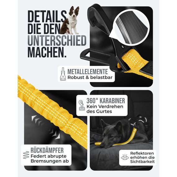 ZAUBERPFOTE Hundegurt 'Argo‘ fürs Auto – Verstellbarer Sicherheitsgurt mit Rückdämpfung & ISOFIX Anschluss – Anschnallgurt für alle Hunderassen (Gelb, Gr. S)