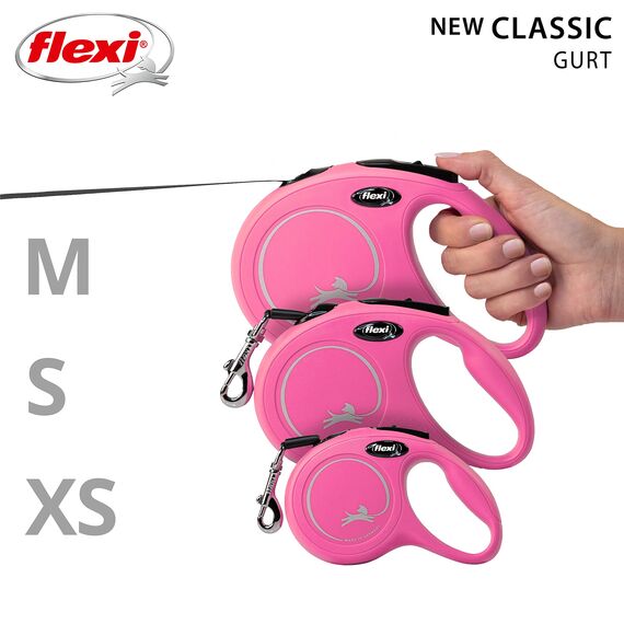 flexi® Classic XS | 3m Gurt Roll-Leine für kleine Hunde bis 12 kg | Miniformat mit 3-Finger Griff | Pink | ausziehbare Hundeleine | Gewicht 108.6 gr | Maße 8.2 x 13 cm