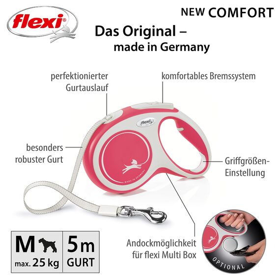 flexi® Comfort M Gurt 5 m rot, Roll-Leine für Hunde bis 25 kg