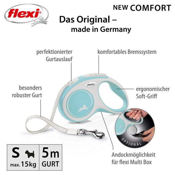 flexi® Comfort S Gurt 5 m hellblau, Roll-Leine für Hunde bis 15 kg