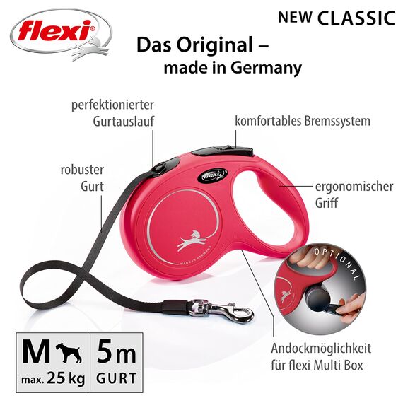 flexi® Classic M | 5m Gurt Roll-Leine für Hunde bis 25 kg | Rot | ausziehbare Hundeleine | Gewicht 274 gr | Maße 11.6 x 18.8 cm