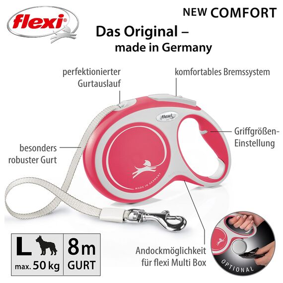 flexi® Comfort L Gurt 8 m rot, Roll-Leine für Hunde bis 50 kg