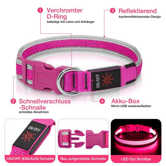 Leuchthalsband Hund, Colaseeme LED Hunde Leuchthalsband, Wasserdicht Hundehalsband Leuchtend, HundeleuchthalsbäNder Aufladbar für Pet Night Walking Safety, rosa L