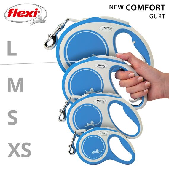 flexi® Comfort XS Gurt 3 m blau, Roll-Leine für kleine Hunde bis 12 kg. Nur 126 gr. leichte Taschenleine im Miniformat 8,2 x 13 cm, Griffgröße für 3-Finger