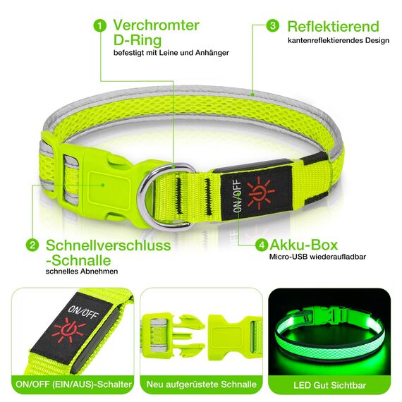 Leuchthalsband Hund, Colaseeme LED Hunde Leuchthalsband, Wasserdicht Hundehalsband Leuchtend, HundeleuchthalsbäNder Aufladbar für Pet Night Walking Safety, grün L
